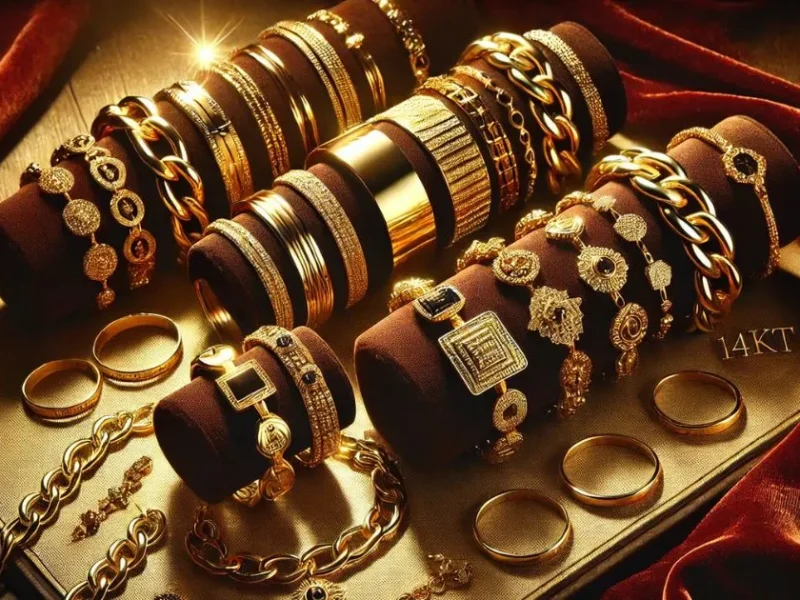 a group of gold jewelry on a table