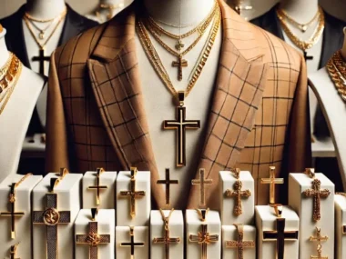 a mannequin with gold cross necklaces and earrings