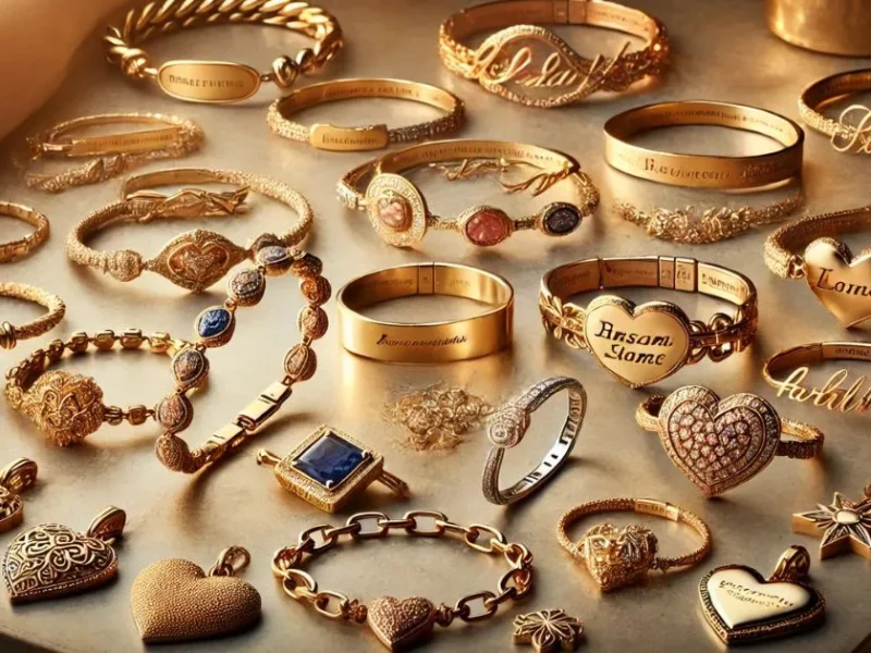 a collection of gold bracelets