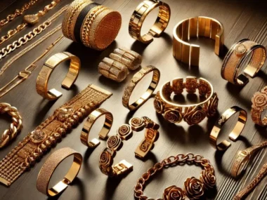 a collection of gold jewelry