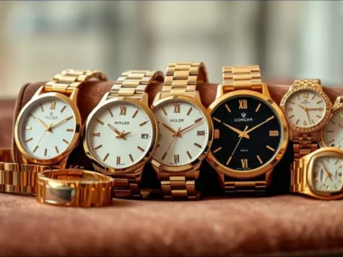 a group of gold and white watches