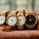 a group of gold and white watches